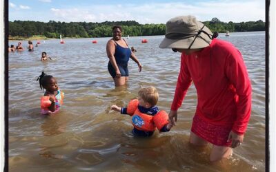 Chai making friends at the swimming area at the Sardis dam. #dadlife